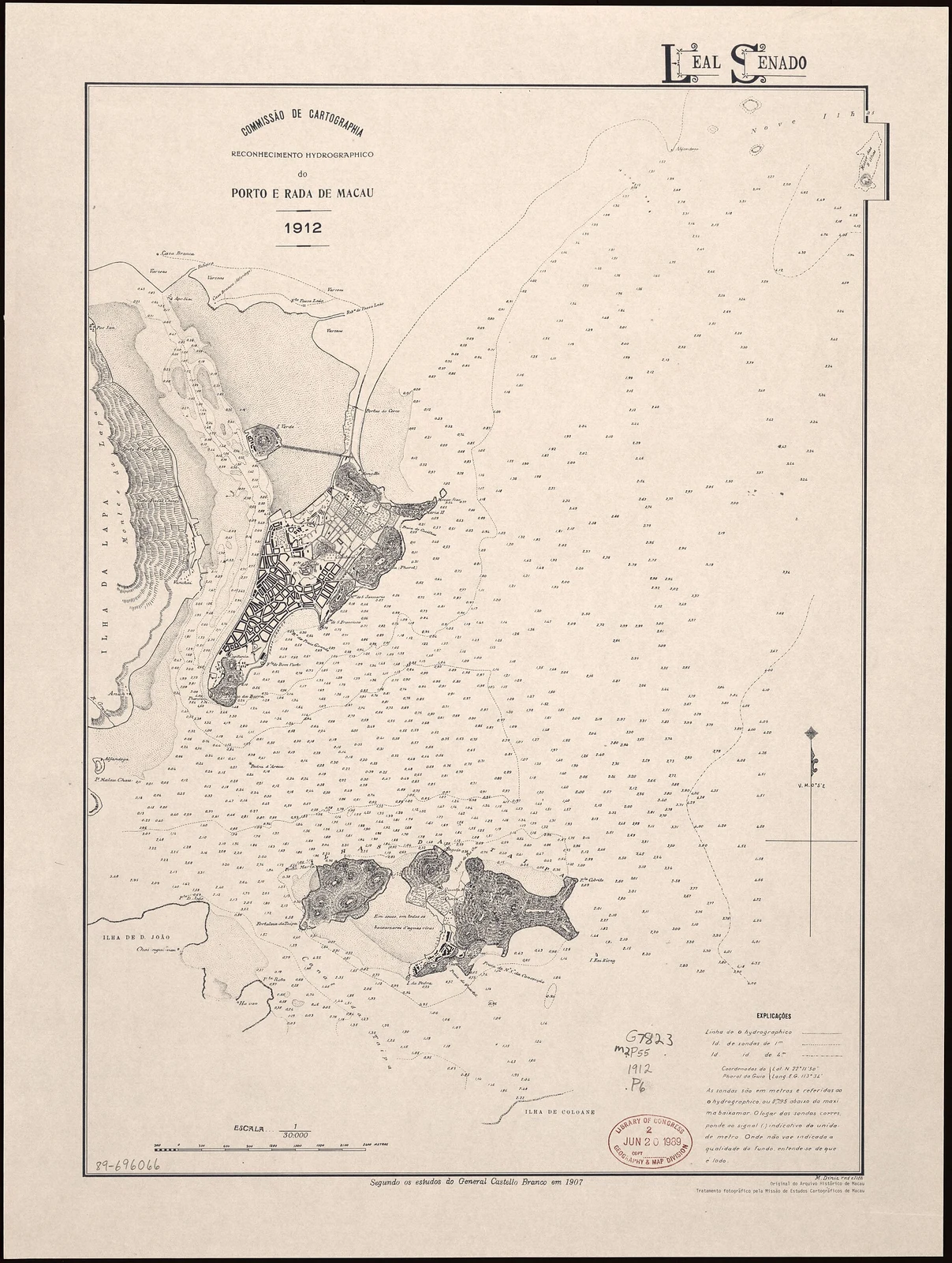 Historische Seekarte von Hafen und Reede Macaus auf Grundlage von Vermessungen aus dem Jahr 1907.