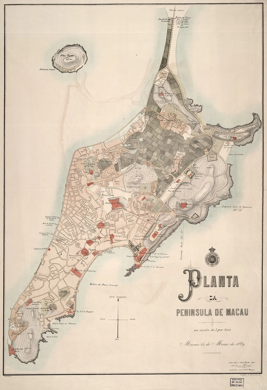 Karte der Halbinsel Macao aus dem Jahr 1889, aufbewahrt in der Kartensammlung der Library of Congress.