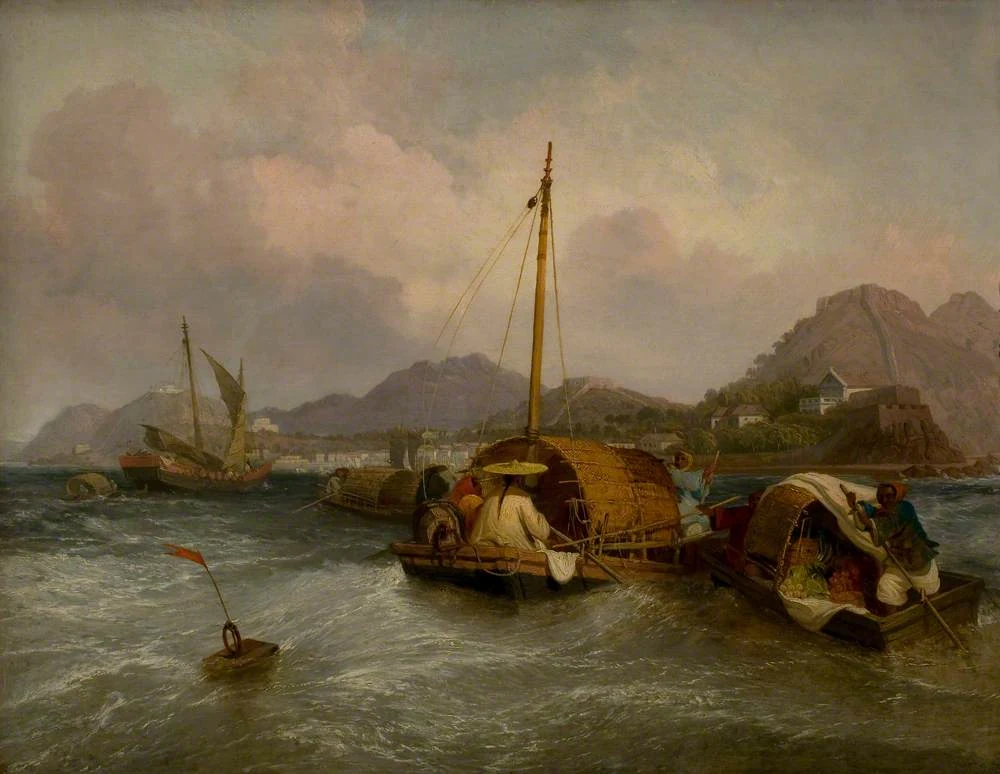 لوحة تاريخية لقوارب البيض قبالة مكاو، منسوبة إلى ويليام دانييل وتحتفظ بها Leicester Museum and Art Gallery.