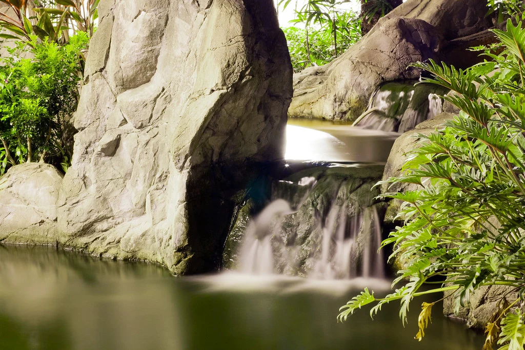 A small cascade in the landscaped garden at Hollywood Road Park, Sheung Wan.