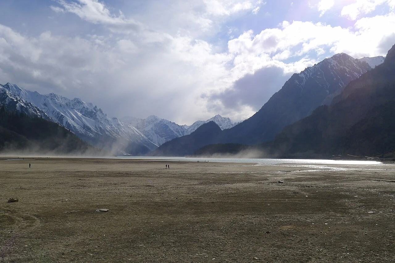 A distant view of Ranwu Lake’s basin and shoreline in May 2012.