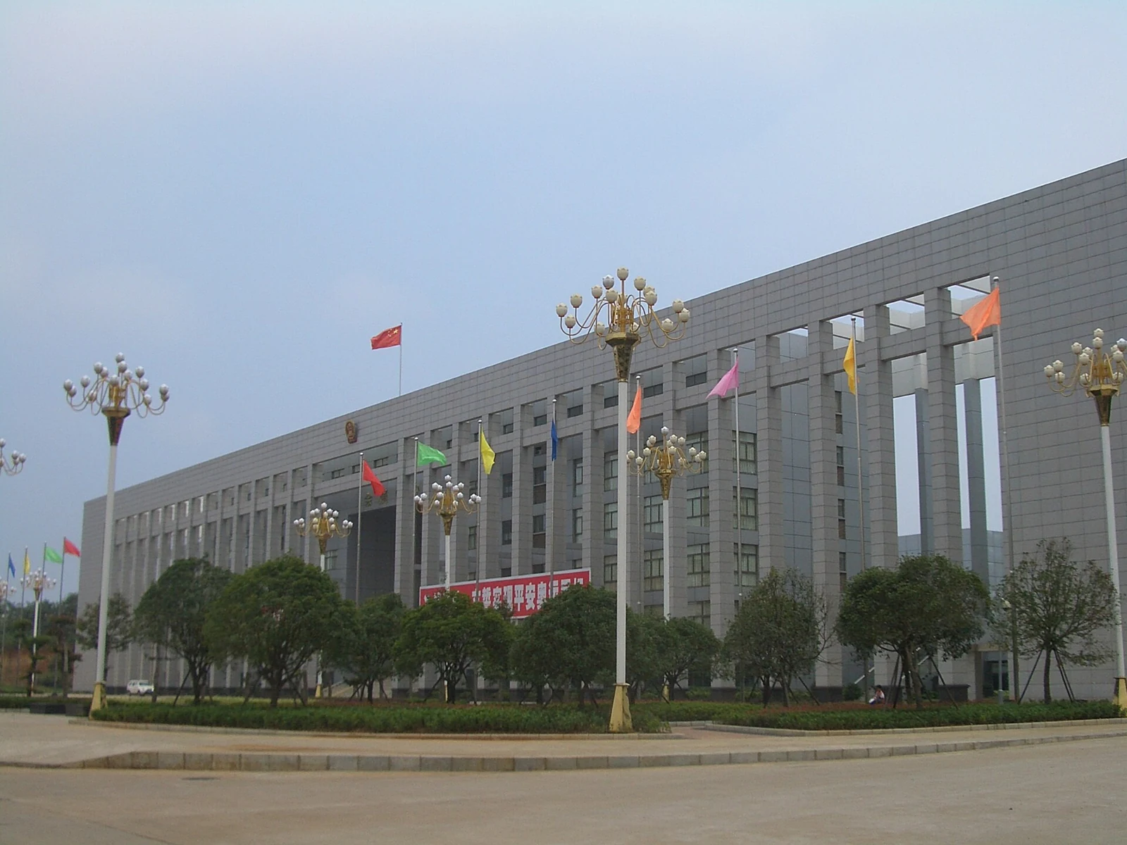 大冶:大冶会展中心大楼,门前一排彩旗。