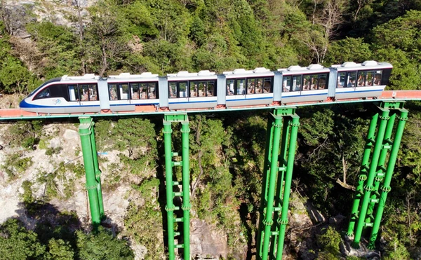 Un monorail touristique blanc et bleu traverse un versant boisé sur de hauts supports en acier verts.