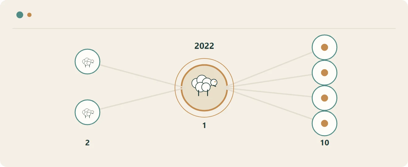 Originale redaktionelle Grafik (kein Foto und kein vermessener Plan): Das Modell „1–2–10“ von 2022 verbindet ein Zuchtzentrum, zwei Demonstrationsdörfer und zehn Genossenschaften.