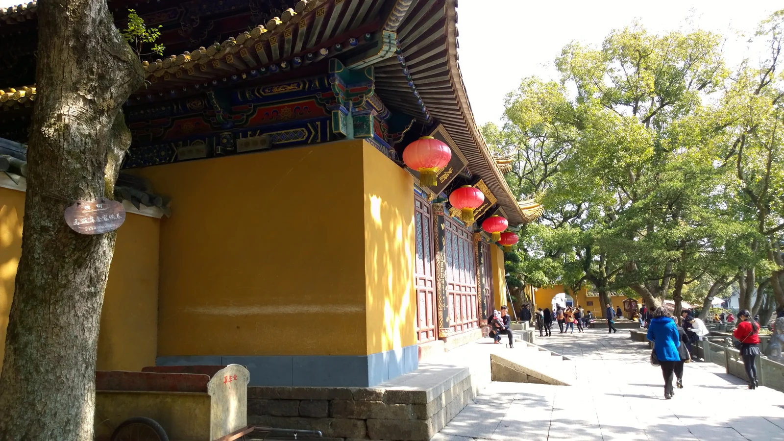 Puji Temple’s red-and-gold façade, tree-shaded courtyard and visitors on Putuo Island.