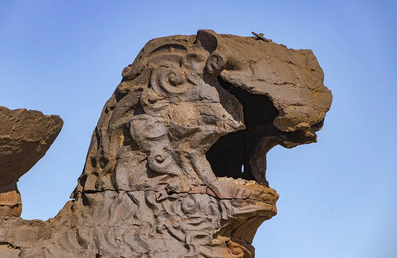 A close-up of the head of the original Cangzhou Iron Lion.